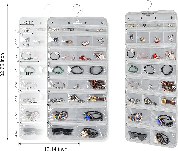 Freegrace Hanging Jewelry Organizer Revolving Hanger - Secure Zipper Closure - 50 Pockets - Foldable Storage & Display Solution - For All Jewelry & Bijoux (Gray)