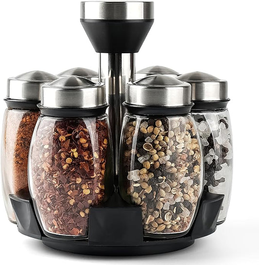 Mlici 6PC Spinning Glass Spice Jars - 360° Rotating Spice Rack Organizer with Jars, Stainless Steel Revolving Seasoning Holder Jars for Countertop Cabinet Kitchen Spices Cruets