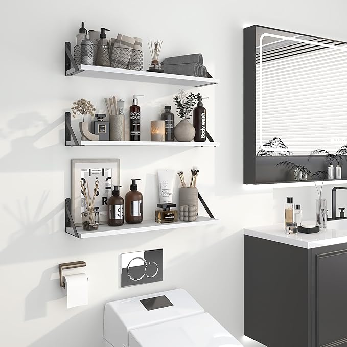 Heimlove Floating Shelves for Wall, 24 Inch Long Wood Floating Shelves Set of 3, Wall Mounted Hanging Shelf for Bathroom Bedroom Kitchen, White