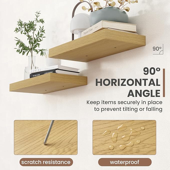 36 Inch Floating Shelves, 8 Inch Deep Floating Shelves for Wall, Hanging Shelf with Invisible Brackets, Deep Shelves for Bathroom, Bedroom, Living Room, Oak, Set of 2