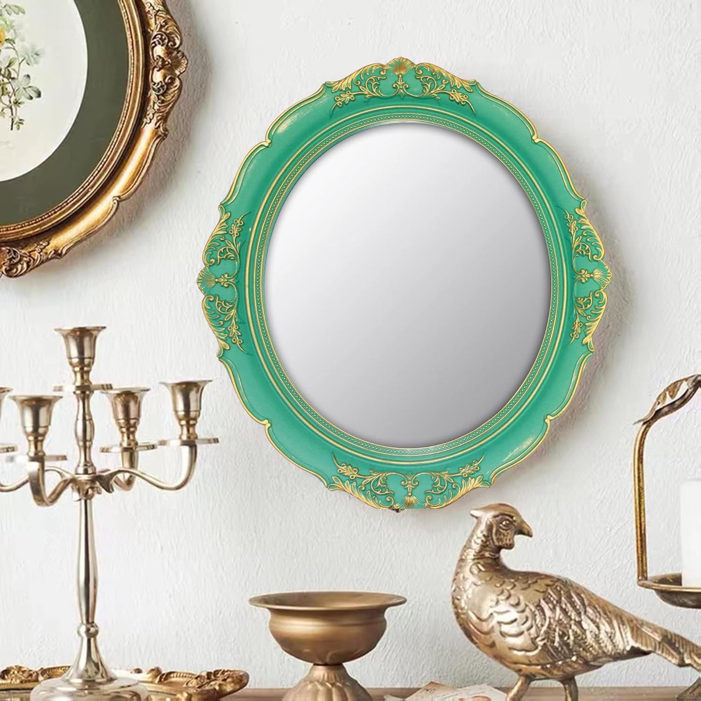 Vintage Decorative Wall Mirror 14.8 x 13.1 Inch Oval Mirror （Green）