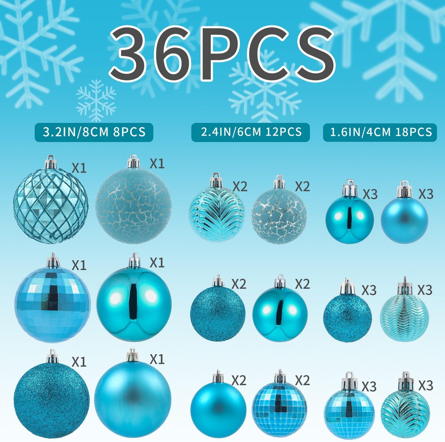 LANGXUN 36pcs Acid Blue Christmas Tree Decorations Balls, Bolas De Navidad, 2025 Christmas Decor, Indoor Outdoor Shatterproof Christmas Ornaments, Xmars Party Wedding Suppiles