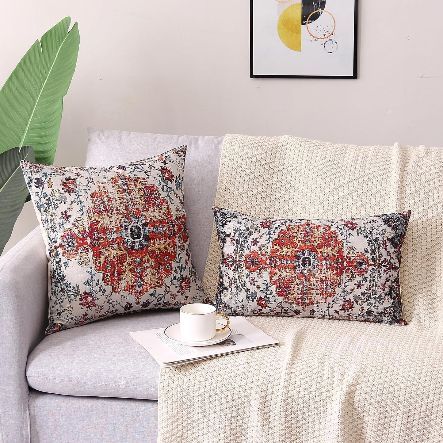 Outdoor Waterproof Pillow Covers 18x18 Inch Set of 2 Bohemian Vintage Carpet Pattern Pillow Covers Blue Burnt Orange Ethnic Design Decorative Farmhouse Couch Garden Balcony