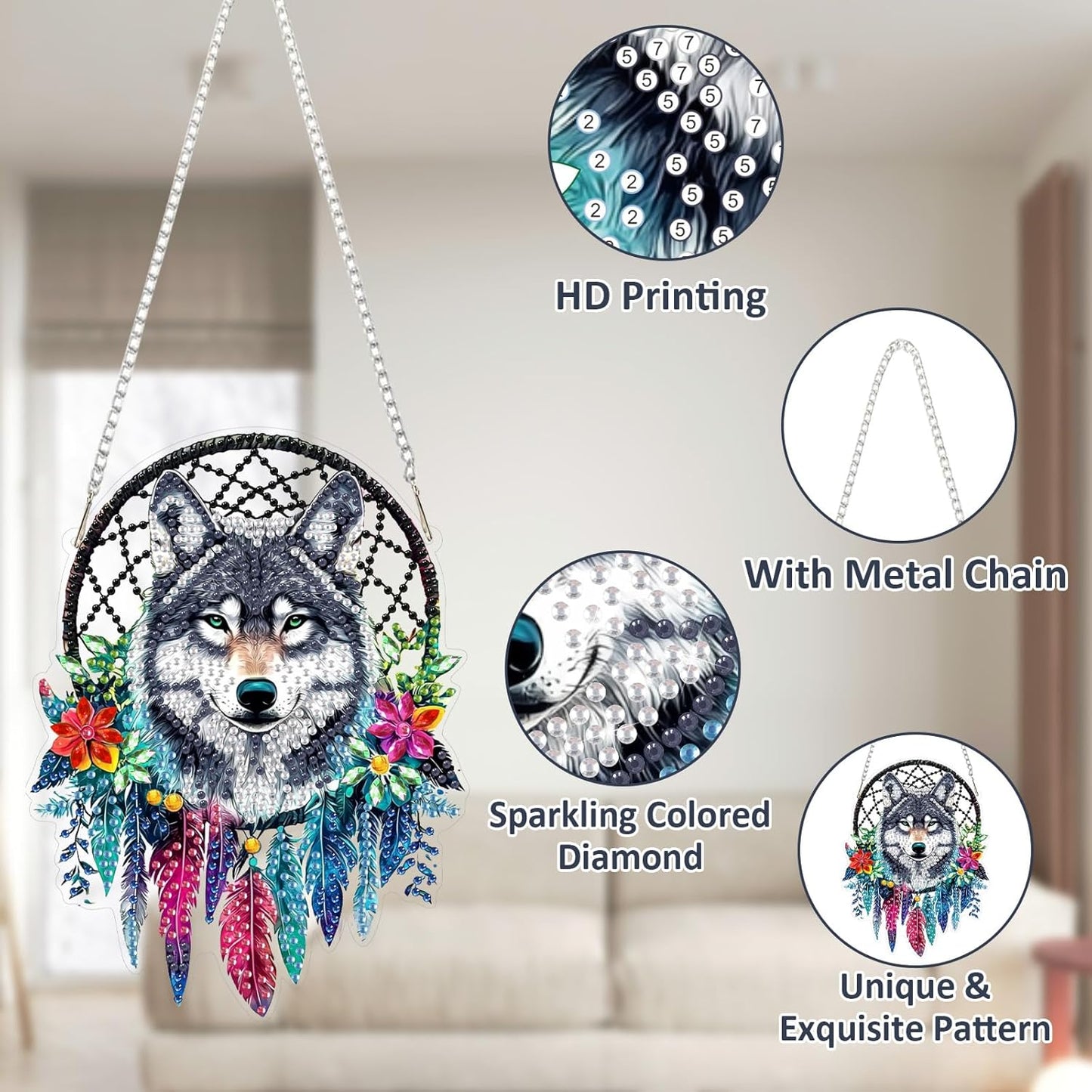 SENQAO Wolf Diamond Art Hanging Kit for Adult, Special Shaped Rhinestone, Double Sided DIY Acrylic Diamond Art Painting Window Pendants Home Garden Wall Hanging Kits Hanging Ornament (Dream Catcher)