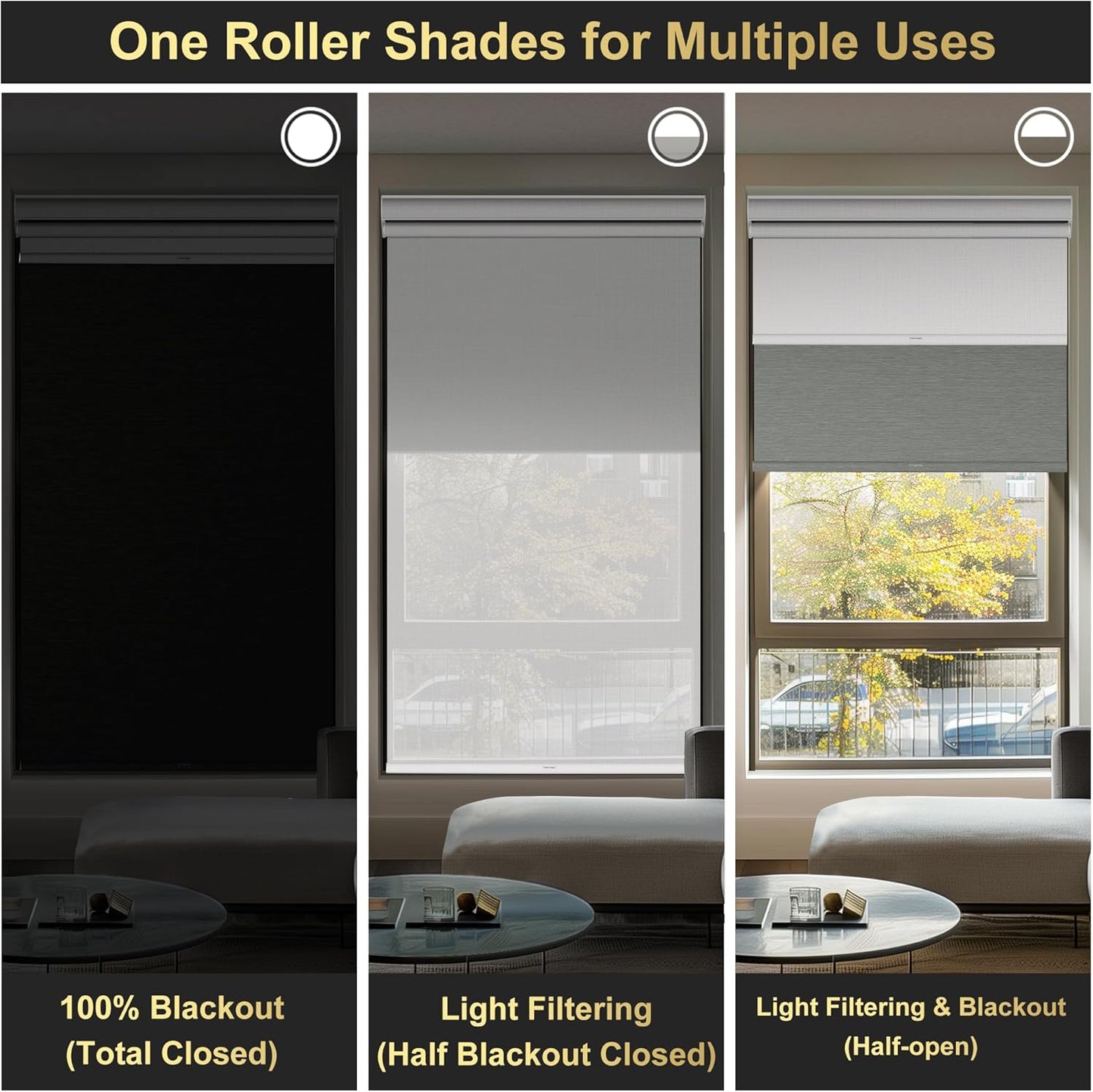 Berissa Cordless Dual Roller Shades With Cassette Valance, Blackout and 5% Light Filtering, Day and Night Shades for Home Office. Striped Jacquard Grey & White. Custom Sizes