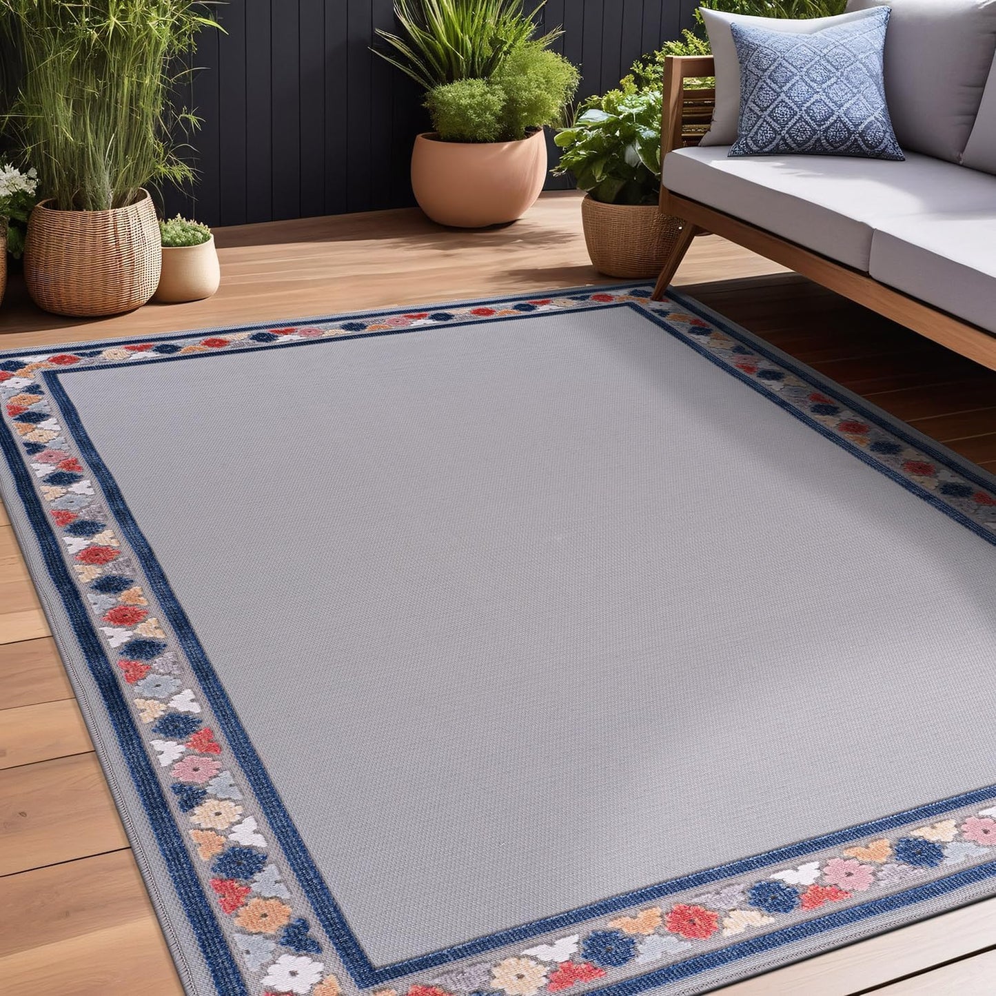 Beverly Rug Outdoor Rug 9x12 Modern Bordered Large Area Rugs for Indoor and Outdoor Patio Easy to Clean Non Shedding Living Room Porch Garden Washable Outside Carpet (9 x 12 Gray)