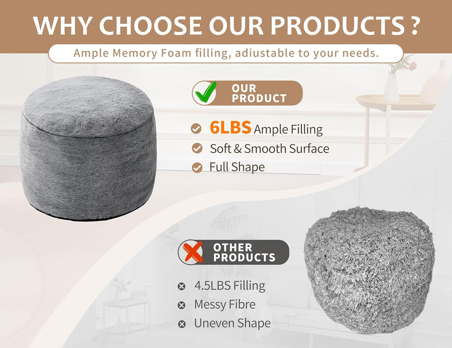 Orange Ottomon with Storage 20"x15" Vanity Stool for Bean Bag Chairs for Adults Kids Filled Floor Pouf Footrest Ottoman Furry Storage Ottoman Round Boho Ottomans for Living Room Decor