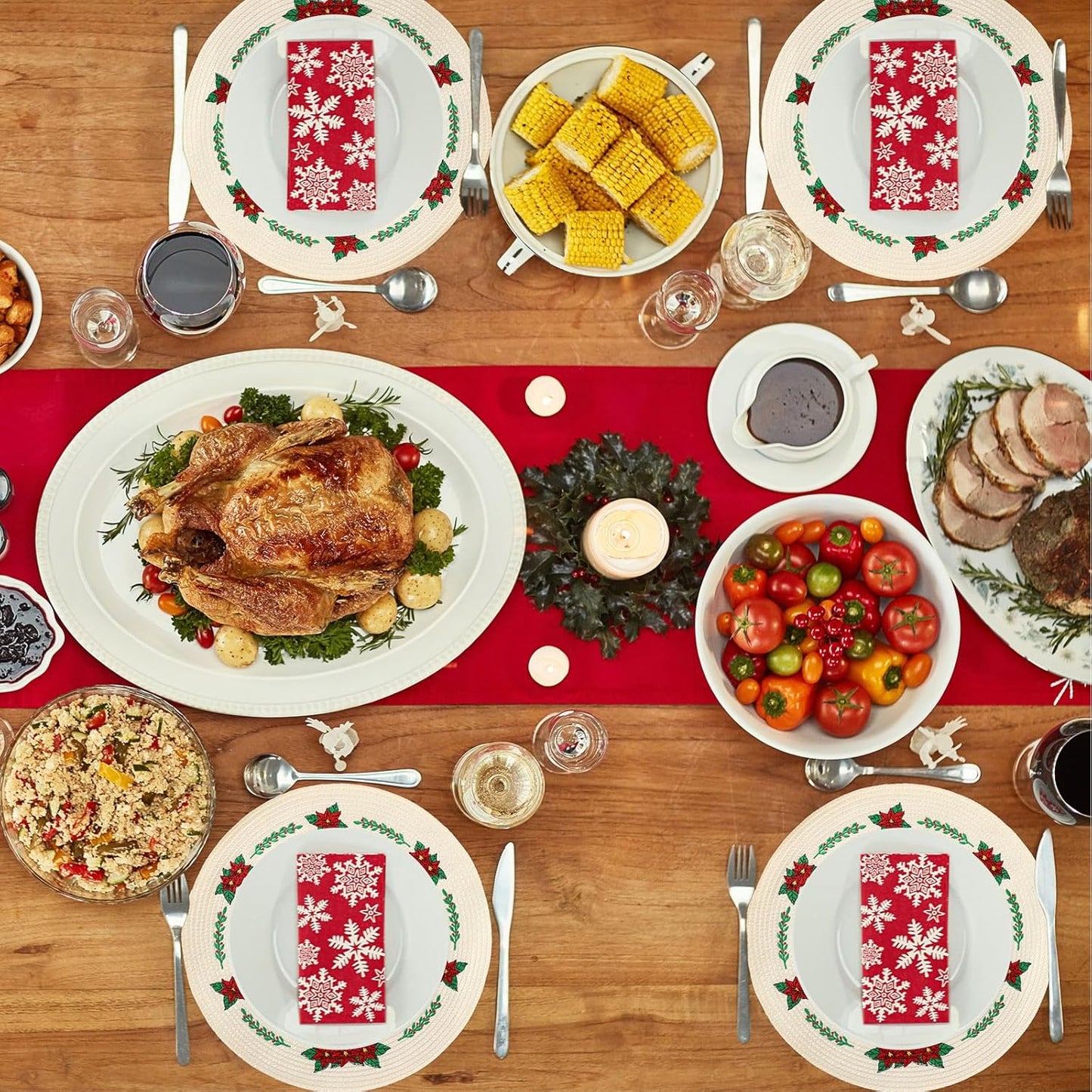 Whaline 4Pcs Round Christmas Flower Placemats Embroidered Xmas Poinsettia Place Mats Decorative Dinner Table Mats for Holiday Party Decor