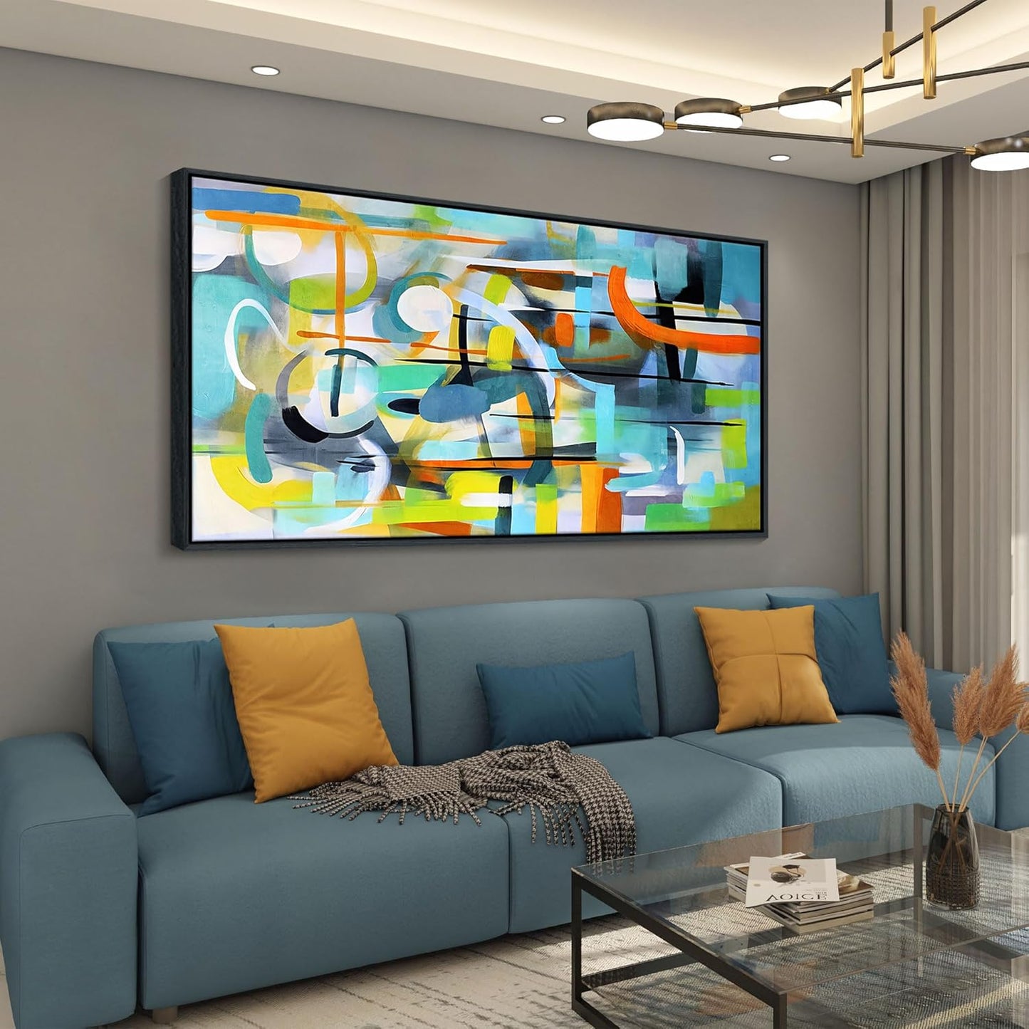 Mofutinpo Abstract Wall Art Framed Pictures for Living Room Wall art - Large Modern Abstract Canvas Wall Decoration-Colorful Wall Art-Teal And Blue Line Art - Graffiti Paintings for Bedroom 29×58IN