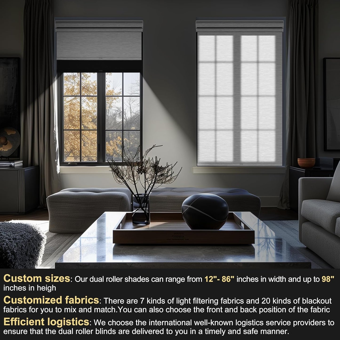 BERISSA Cordless Dual Roller Shades Cassette Valance,Blackout and Light Filtering Roller Shades for Home Office Door,Linen Black and White,60W x 36H