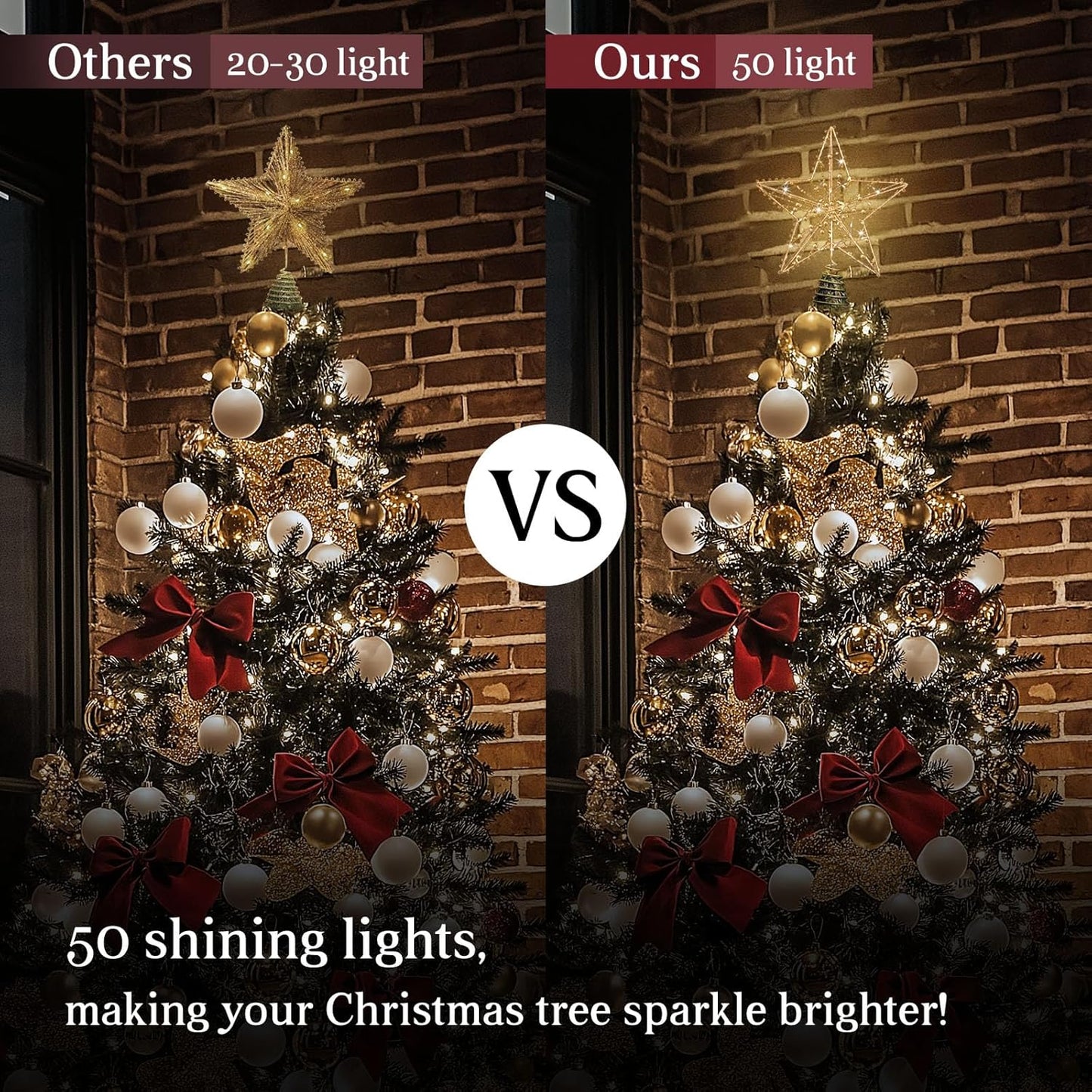 Christmas Tree Topper Star, 50 Warm LED Lights Star Tree Toppper with Glittered Pearl Beads for Christmas Tree Decorations and Xmas Holiday Seasonal Decor, Gold