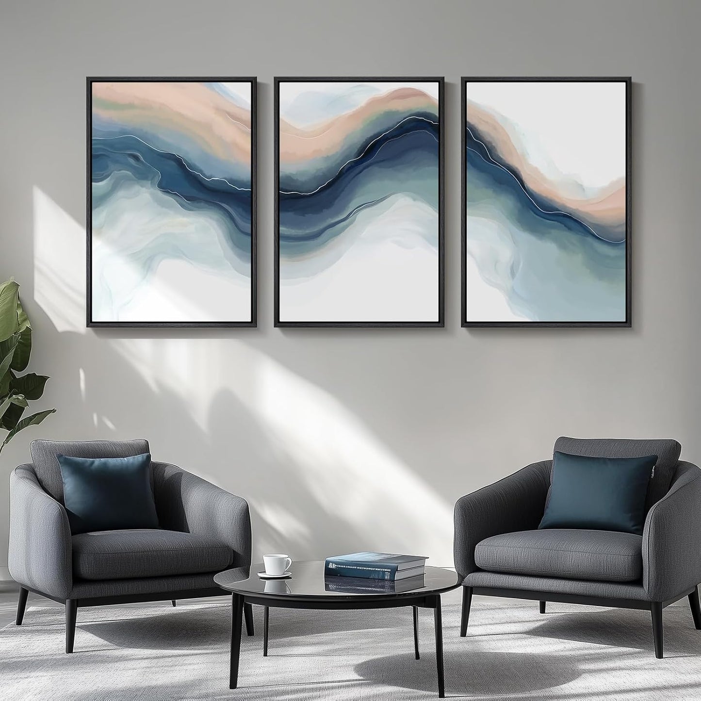 Large Framed Blue Abstract Landscape Wall Art for Living Room, 3 Piece Bright Pastel Canvas Prints Paintings, Modern Minimalist Artwork Watercolor Pictures for Bedroom, Hallway Wall Decor 24x36 In