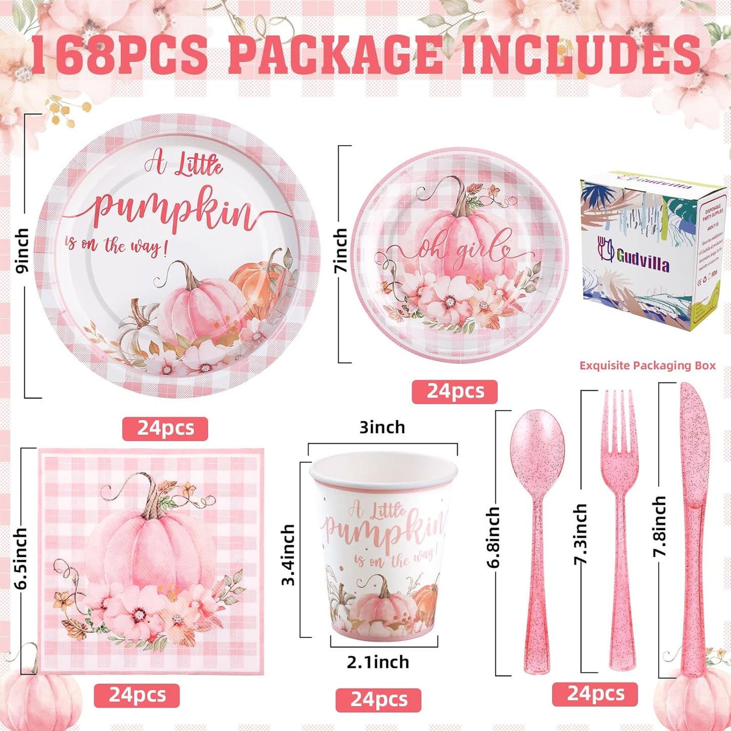 168 Pcs Pink Little Pumpkin Baby Shower Decorations Girl, A Little Pumpkin is on the Way Baby Shower Plates and Napkins Serves 24, Pink Gingham Fall Tableware for Autumn Sweet Girl