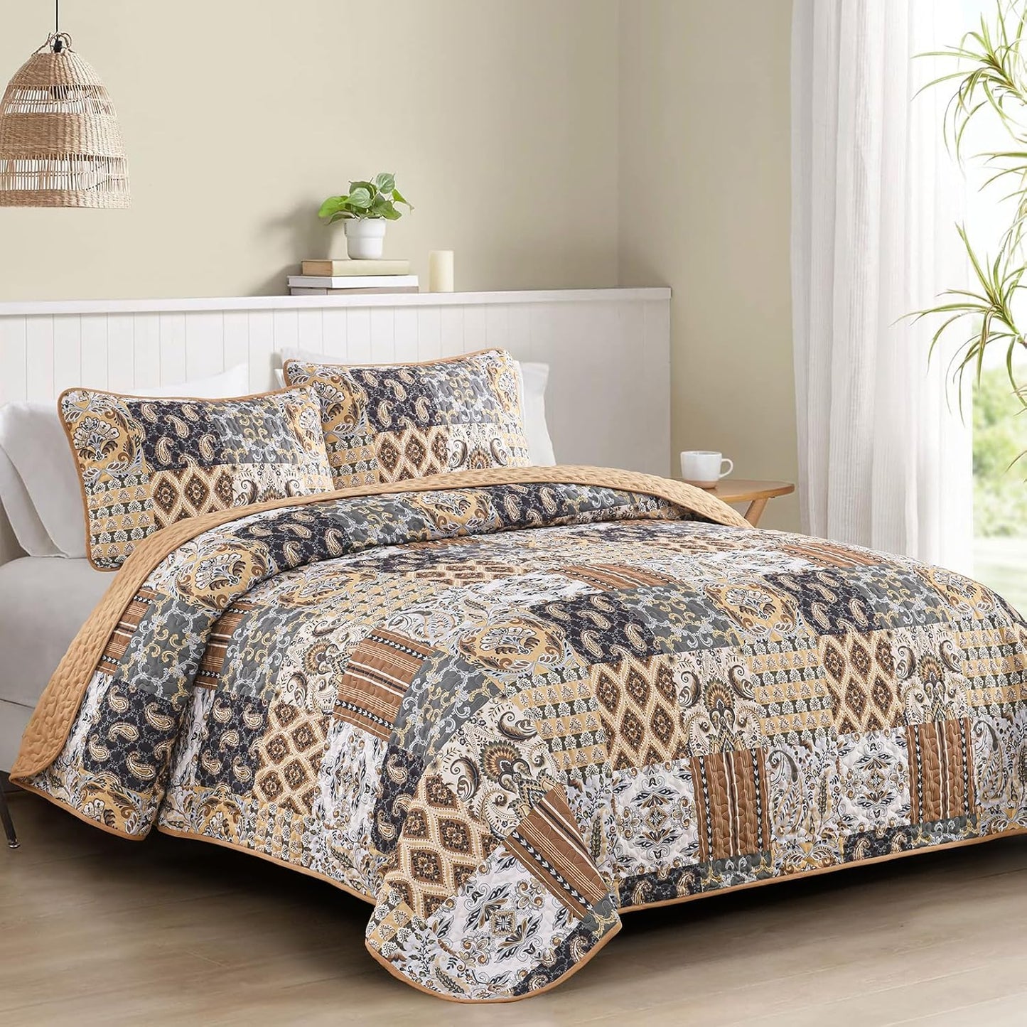 WONGS BEDDING Boho Quilt Set King Size, Dark Brown Plaid Patchwork Bedspread Bedding Set Soft Microfiber Quilt for King Bed Reversible 3 Pieces Coverlet Set for All Season (104"x90")