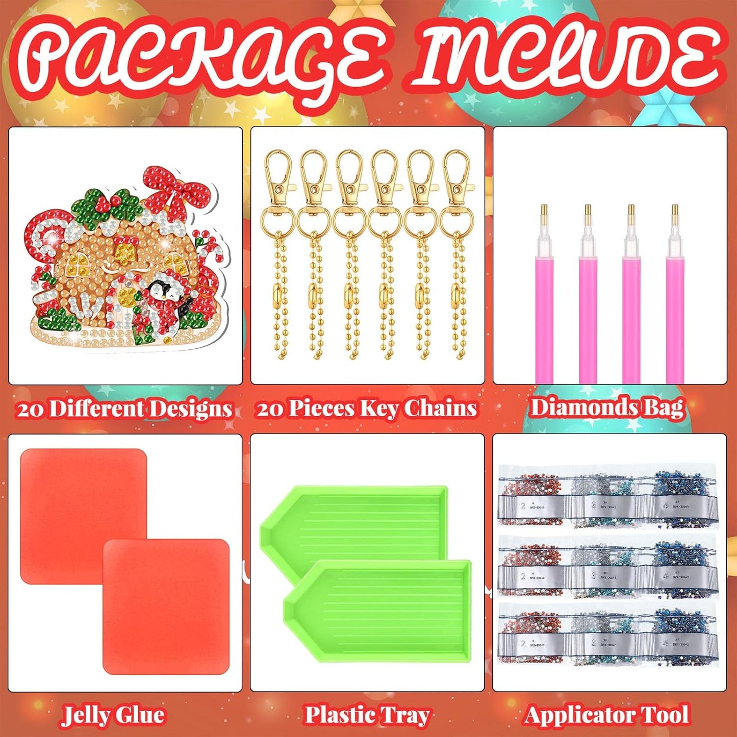 Tondiamo 20 Pcs Christmas Diamond Painting Keychain Kits 5D DIY Diamond Art Pendants Double Sided Hanging Key Chains for Christmas Party Decoration DIY (Gingerbread House)