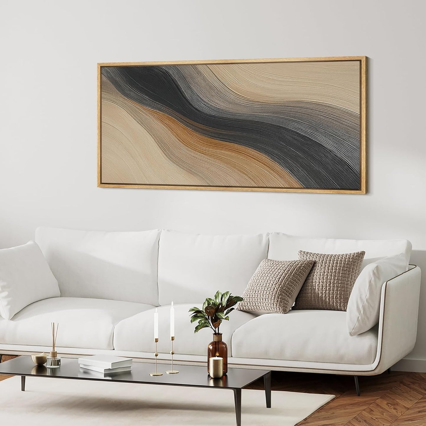 MUDECOR Extra Larg Framed Canvas Print Wall Art Abstract Wave Pattern Neutral Black and Brown Modern Geometric Illustrations Decorative Colorful for Bedroom - 60"x30"