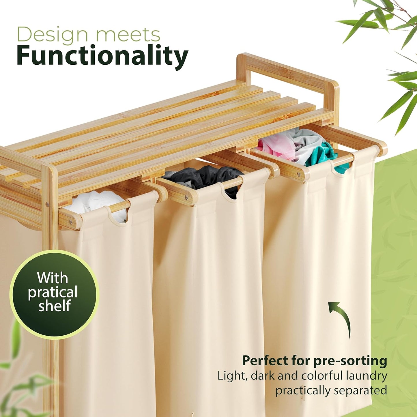 Laundry Hamper 3 Section beige - Large Bamboo Laundry Sorter with Removable Cotton Bags -Three Compartment Organizer for Clothes - Durable, Eco-Friendly, and Stylish Storage Solution for Home
