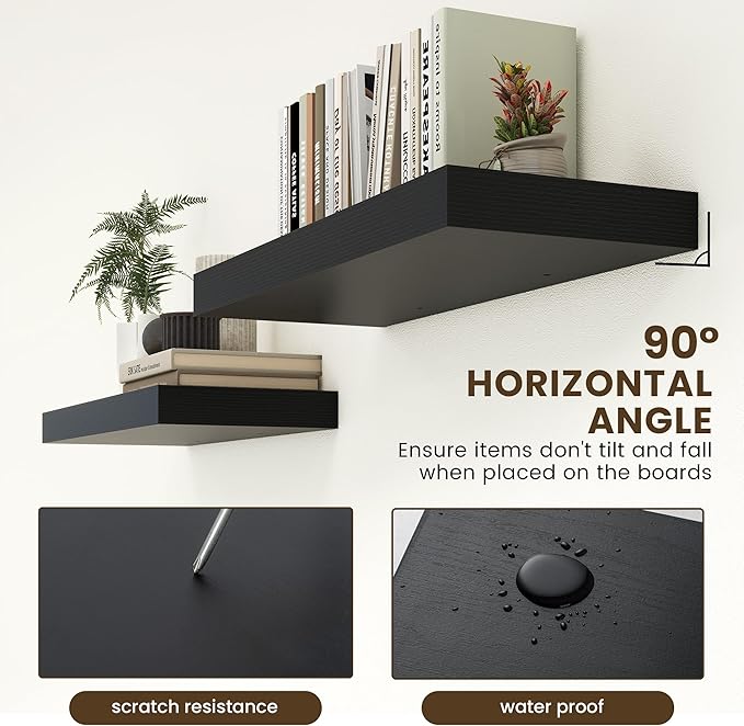 Deep Floating Shelves for Wall | 30W x 12D Black Floating Shelves Set of 2 | 12 Inch Deep Wall Shelves for Living Room Bathroom Laundry Room Bedroom Kitchen Home Office - Black