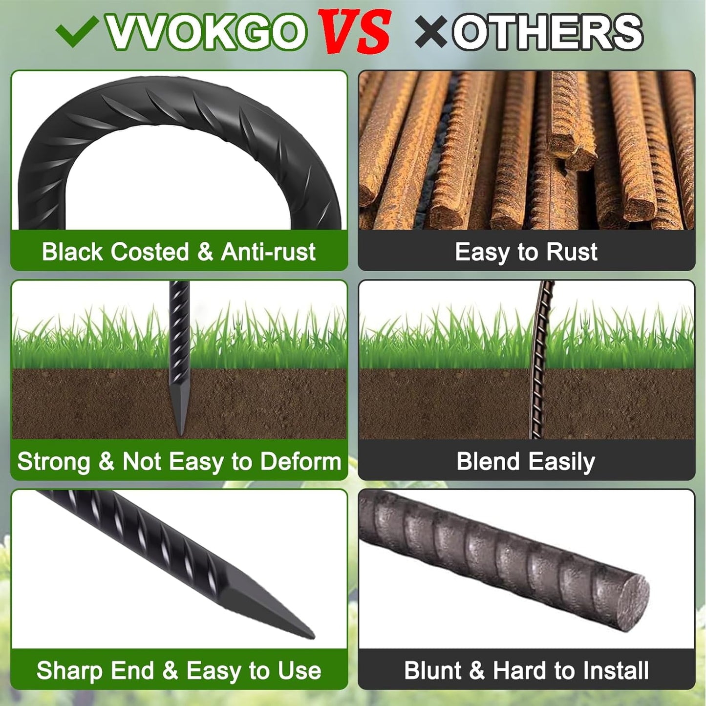 VVOKGO Rebar Stakes 12 Inches J Hook Heavy Duty Chain Link Fence Stakes, 8 Pcs Metal Long Tent Spikes Ground Anchors for Wire Fencing, Dogs Digging, Camping Tents, Swings, Greenhouse, Black