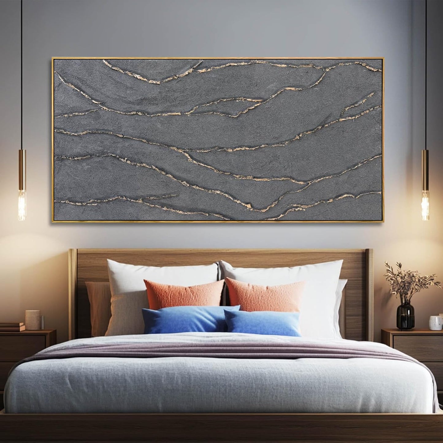 Gold and Grey Wall Art Framed Pictures Wall Decor Neutral Artwork Hand Painted 29"x58" Abstract Wall Art for Living Room Dining Room Kitchen