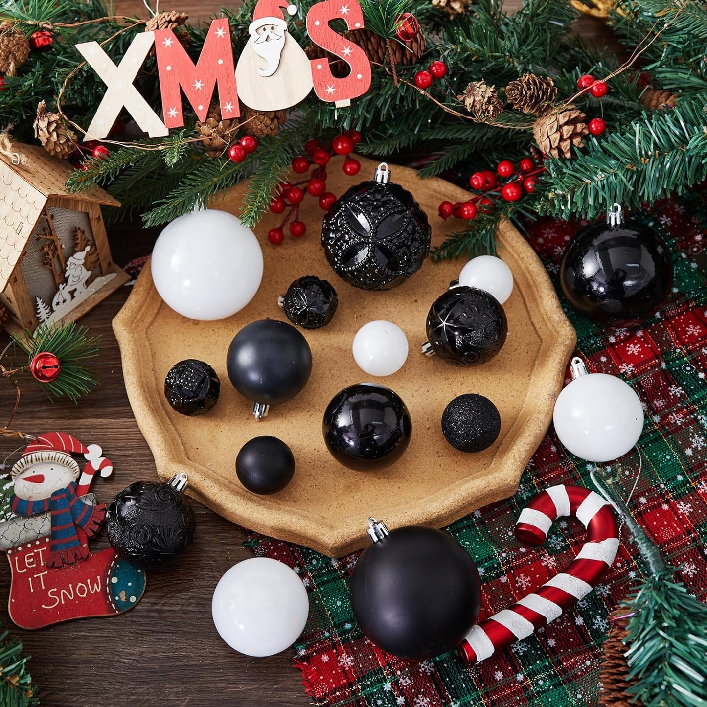 87-Pack Shatterproof Christmas Ball Ornaments Set, Christmas Tree Decorations with Hand-held Gift Package for Xmas Tree Holiday Wedding Party (Black and White)