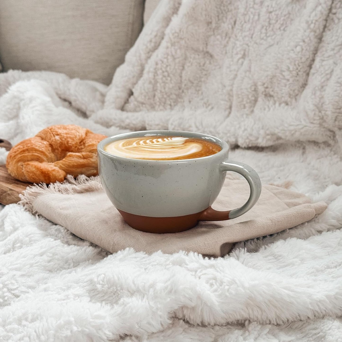 Mora Ceramic Latte Art Mug With Saucer - 10.5 oz, Round Bottom For Perfect Pours - Cafe Cups for Cappuccino, Espresso, Coffee, Tea etc - Porcelain Set for Baristas, Great Gift - Earl Grey