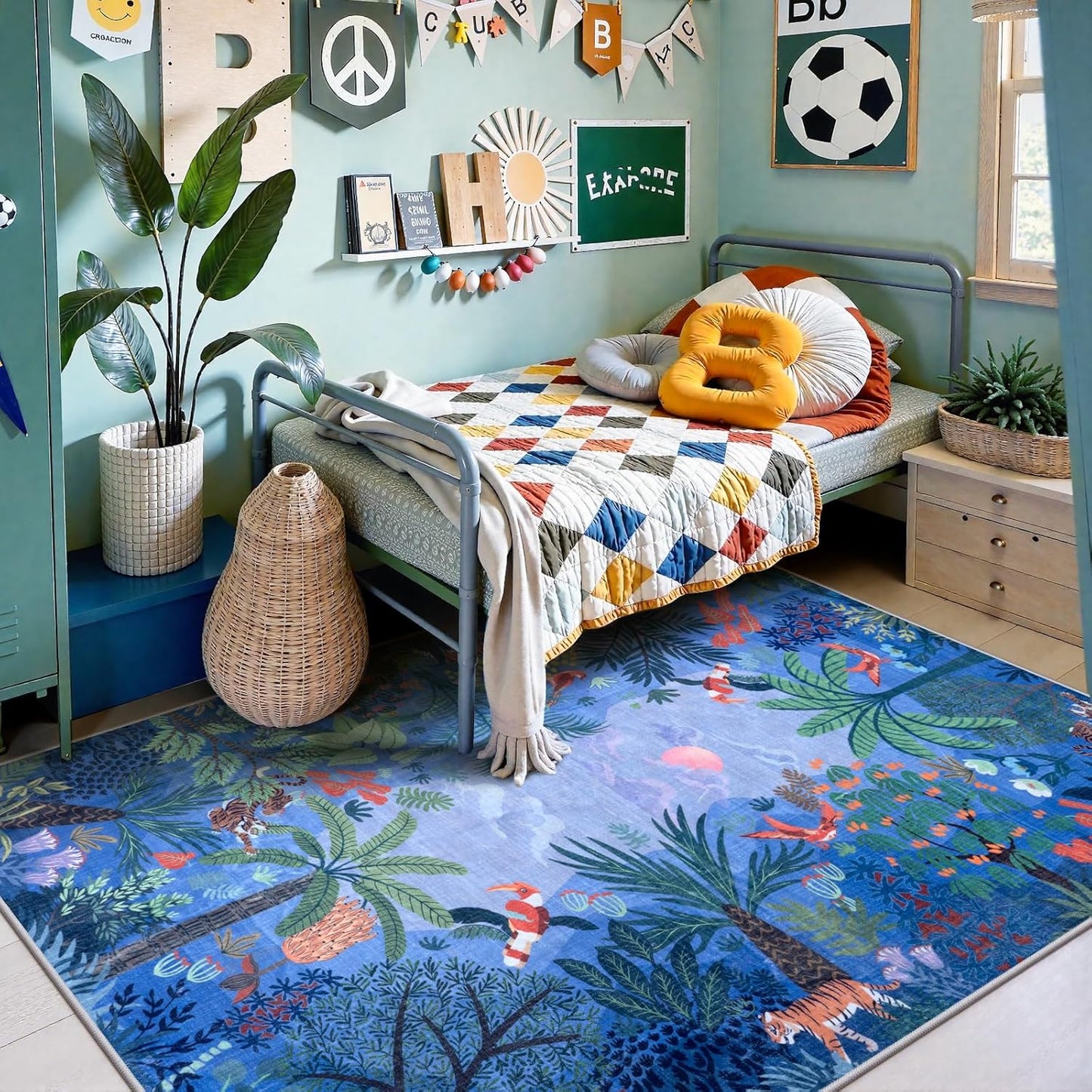 LIVEBOX Washable Jungle Animal Print 5x7 Blue Rug for Living Room, Non-Slip Kids Bedroom Rugs for Boy Playroom Kid Baby Room, Soft Stain Resistant Blue and Green Rug for Nursery Boy Dining