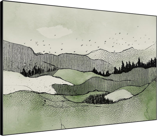 SIGNWIN 60"x72" Extra Large Framed Wall Art Green Line Art Mountain Landscape Illustration for Home Living Room Bedroom Decor (Frame Assembly Required)