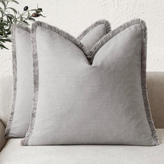 Foindtower Set of 2 Decorative Linen Fringe Throw Pillow Covers Cozy Farmhouse Cushion Cover with Tassels Accent Pillowcase for Couch Chair Sofa Bed Living Room Home Decor,24×24 Inch,Light Rustic Gray