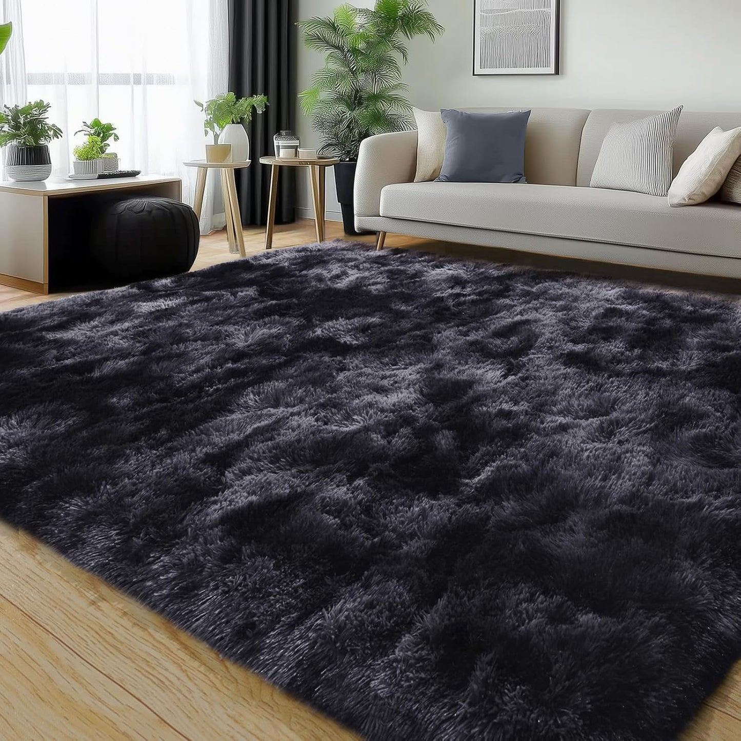 Rezutan Area Rugs 8x10 Living Room, Large Fluffy Rug for Bedroom, Soft Shag Shaggy Fuzzy Carpets for Boys and Girls Dorm Room Home Decor Aesthetic,Black Grey Tie-Dyed.