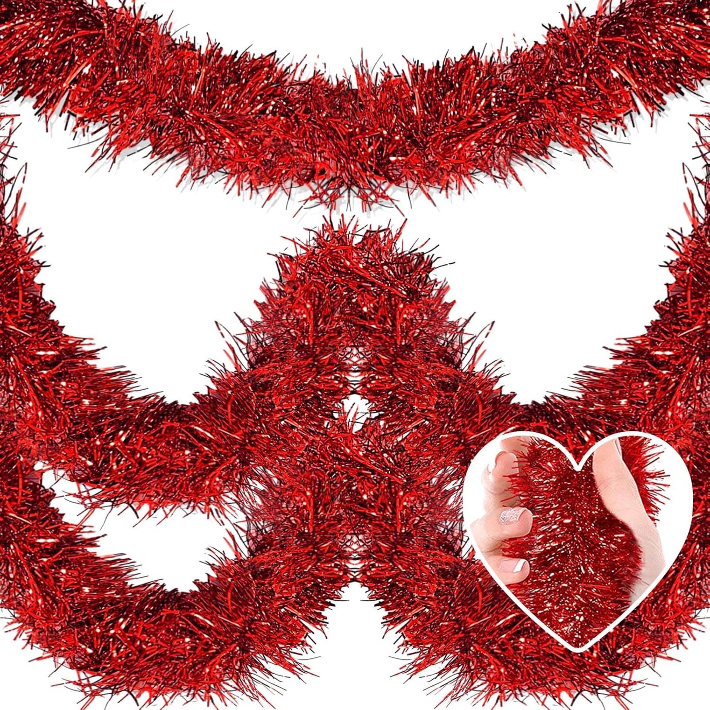 25 Feet Metallic Twist Tinsel Garland - Wall Hanging Backdrop for Parade Floats, Christmas Eve, New Year, Valentine's Day Parties (Red, 4in x 25ft)