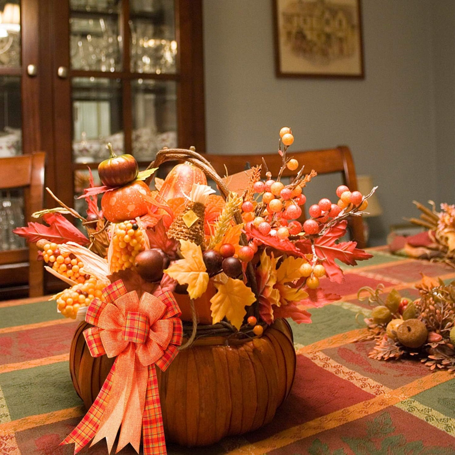 Iceyyyy Extra Large Fall Wreath Gift Bow -18.8x10.6inch Orange Buffalo Plaid Check Wreath Bow Swag Bow Thanksgiving Wreath Pre-Tied Bow For Fall, Thanksgiving, Christmas, Home Indoor Outdoor Ornaments