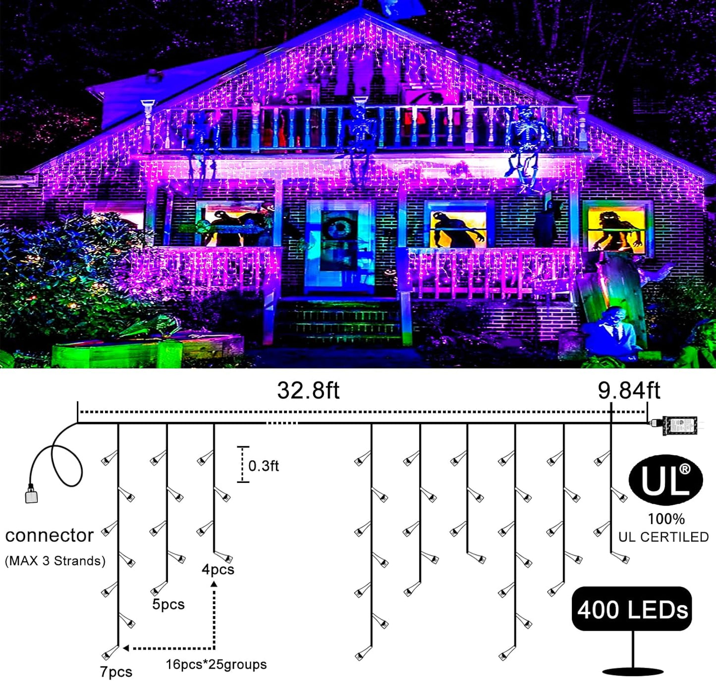 640 LED Halloween Lights Outdoor - 66ft Icicle Lights for Outside 8 Modes with 120 Drops, Waterproof Christmas Icicle Light Plug in for Indoor Outside Party Holiday Christmas Halloween Decorations
