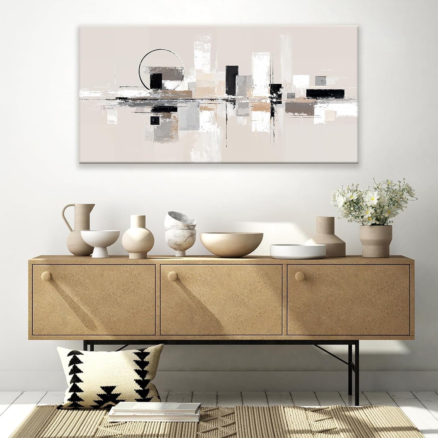 QSQ Abstract Wall Art Black White Wall Art Painting Grey Brown Canvas Art Wall Decor Prints Minimalist Abstract Wall Decor For Living Room Bedroom Kitchen Office Home Decoration 24" × 48"