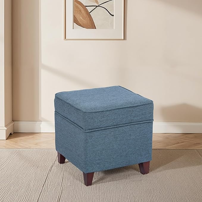 Adeco 17" Square Ottoman with Storage, Small Blue Storage Ottoman Foot Rest with Hinged Lid & Solid Wood Legs, Linen Fabric Foot Stool for Living Room & Bedroom
