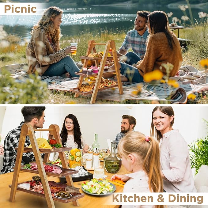 MAJURI 3 Tier Wooden Serving Tray, Set of 2 Tongs Free, Tiered Serving Trays & Platters for Party, Wedding, Picnic, Your Perfect Elevated Charcuterie Stand and for 3 Tiered Dessert Stand Lovers