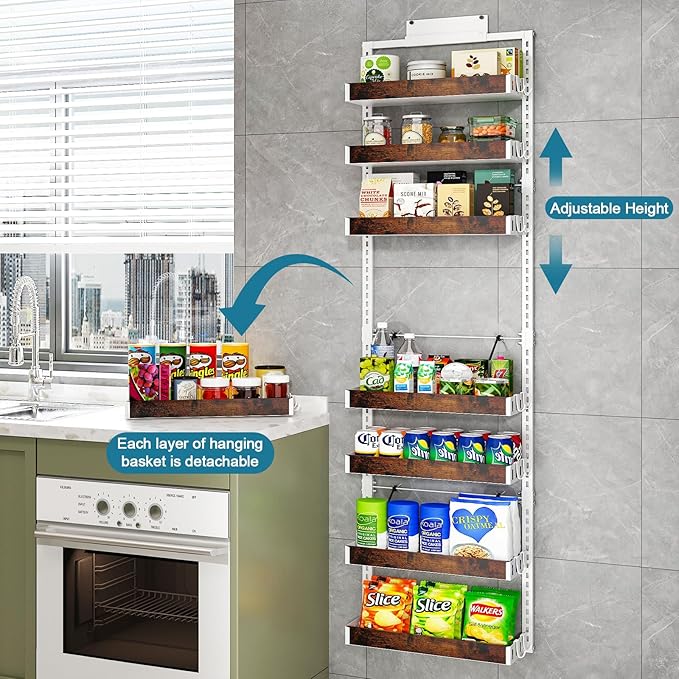 bukfen Over the Door Pantry Organizer, 8-Tier Adjustable Wooden Basket Kitchen Pantry Door Organization and Storage, 2 in 1 Wall Mount or Hanging Heavy-Duty Metal Hanging Kitchen Spice Rack,White
