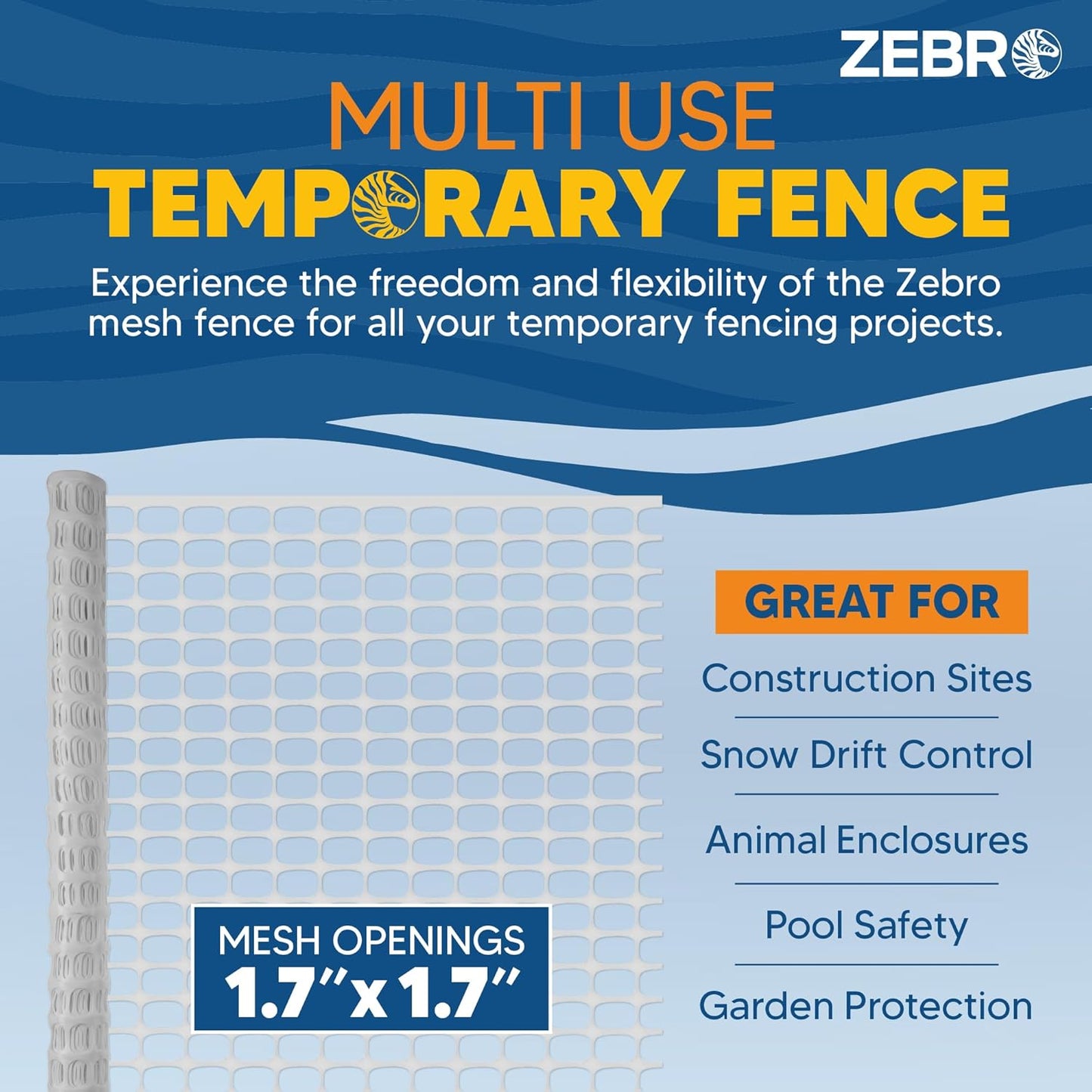 ZEBRO 4' x 50' White Plastic Garden Fence Roll – Standard Duty Safety Netting for Snow, Poultry, Deer, Dogs – Reusable Outdoor Barrier for Yard, Landscaping, Animal Protection