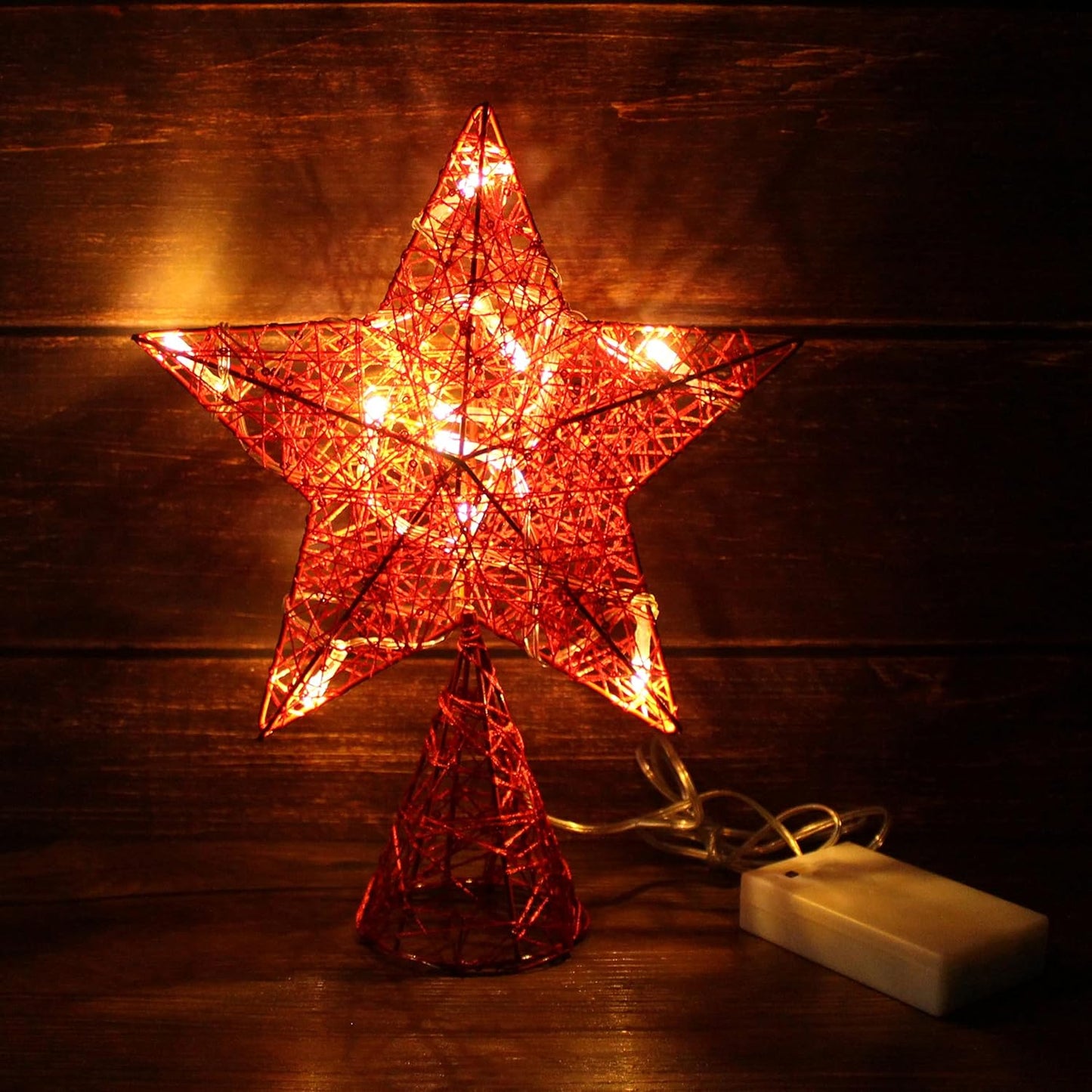 CVHOMEDECO. Red Tree Top Star with Warm White LED Lights and Timer for Christmas Ornaments and Holiday Seasonal Décor, 8 x 10 Inch