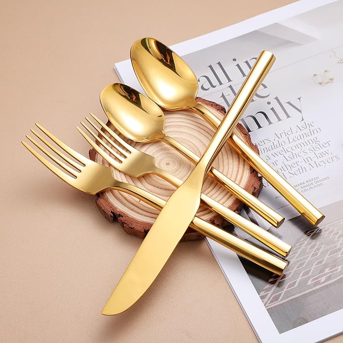 Mirror Silverware Set Gold Flatware Set with Hexagon Handle 20 Pieces 18/0 Stainless Steel Cutlery Set Wedding Housewarming Gift Service for 4 (Mirror gold)