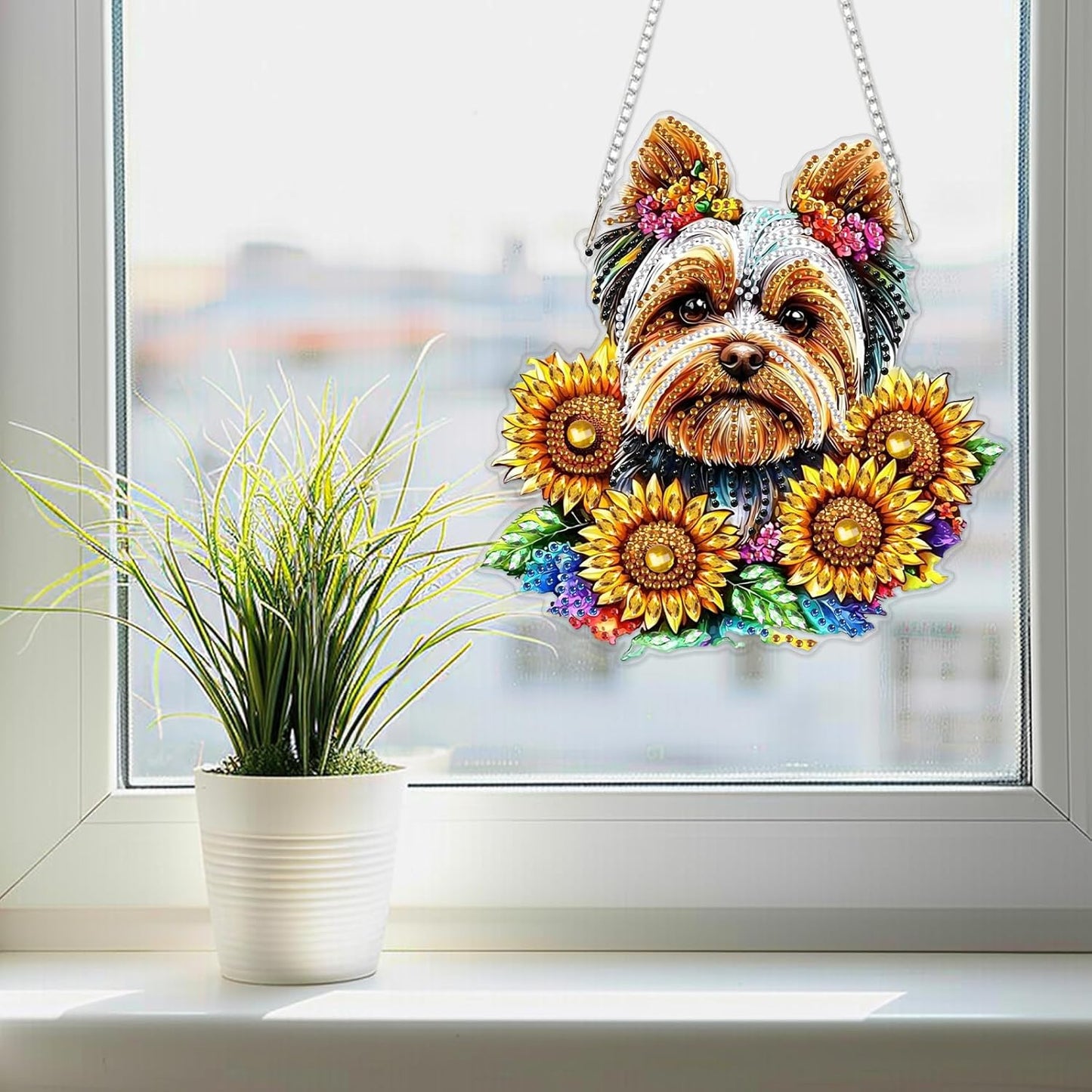 SENQAO Dog Diamond Art Hanging Kit for Adult, Special Shaped Rhinestone, Double Sided DIY Acrylic Diamond Art Painting Window Pendants Home Garden Wall Hanging Kits Hanging Ornament (Sunflower)