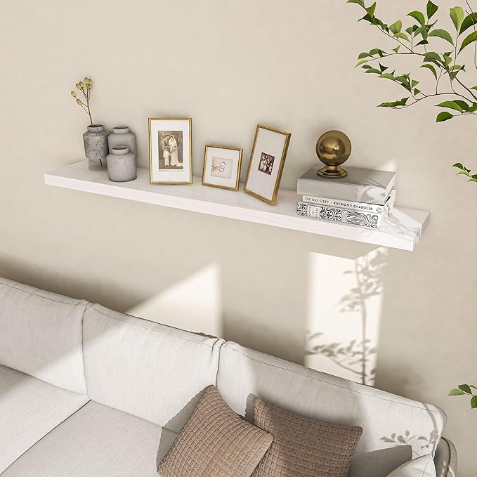 Fun Memories 48 Inch Floating Shelves for Wall, Deep Rustic Solid Pine Wood Shelf - Farmhouse Wall Mounted Display Shelf with Heavy-Duty Metal Bracket, 48" W x 8" D, Set of 1, White