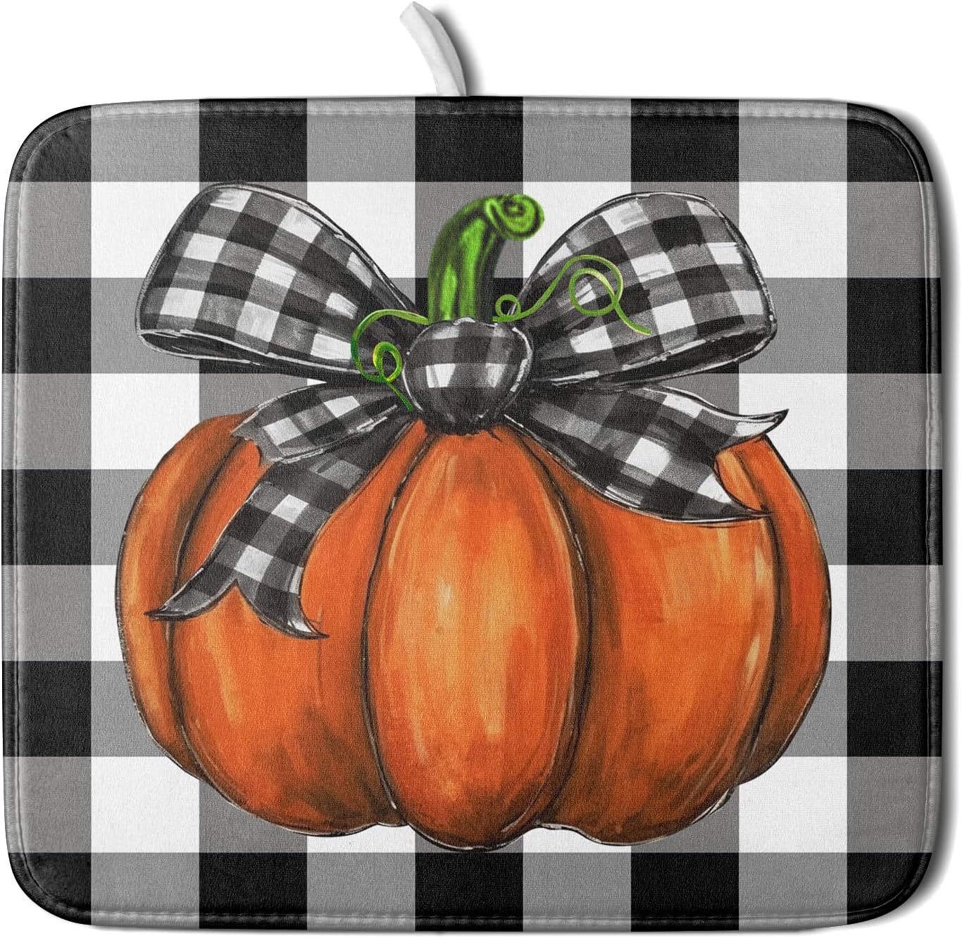 Fall Pumpkin Dish Drying Mat for Kitchen Counter Black White Buffalo Check Thanksgiving Super Absorbent Reversible Microfiber Kitchen Countertop Protector Dishes Pad Small 16x18 inch