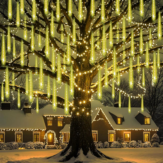 Christmas Lights Outdoor, UL Certified Falling Rain Drop Light 8 Tubes 192 LED Meteor Shower Lights Snow Dripping Icicle Light for Xmas Tree Christmas Decorations Holiday Party, Warm White