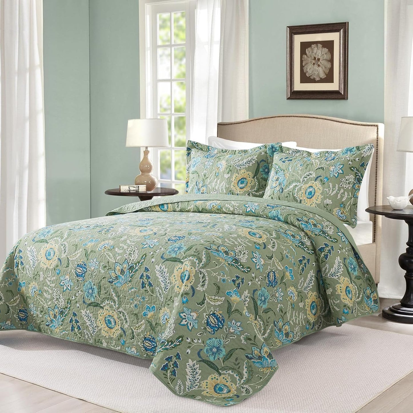 VAPUTAR Queen Quilt Bedding Set - Cotton Bedspreads Queen Size (90 x 98 inch) with Floral Pattern, Farmhouse Lightweight Queen Size Quilt Suitable for All Season（3 Pieces, Olive Green）