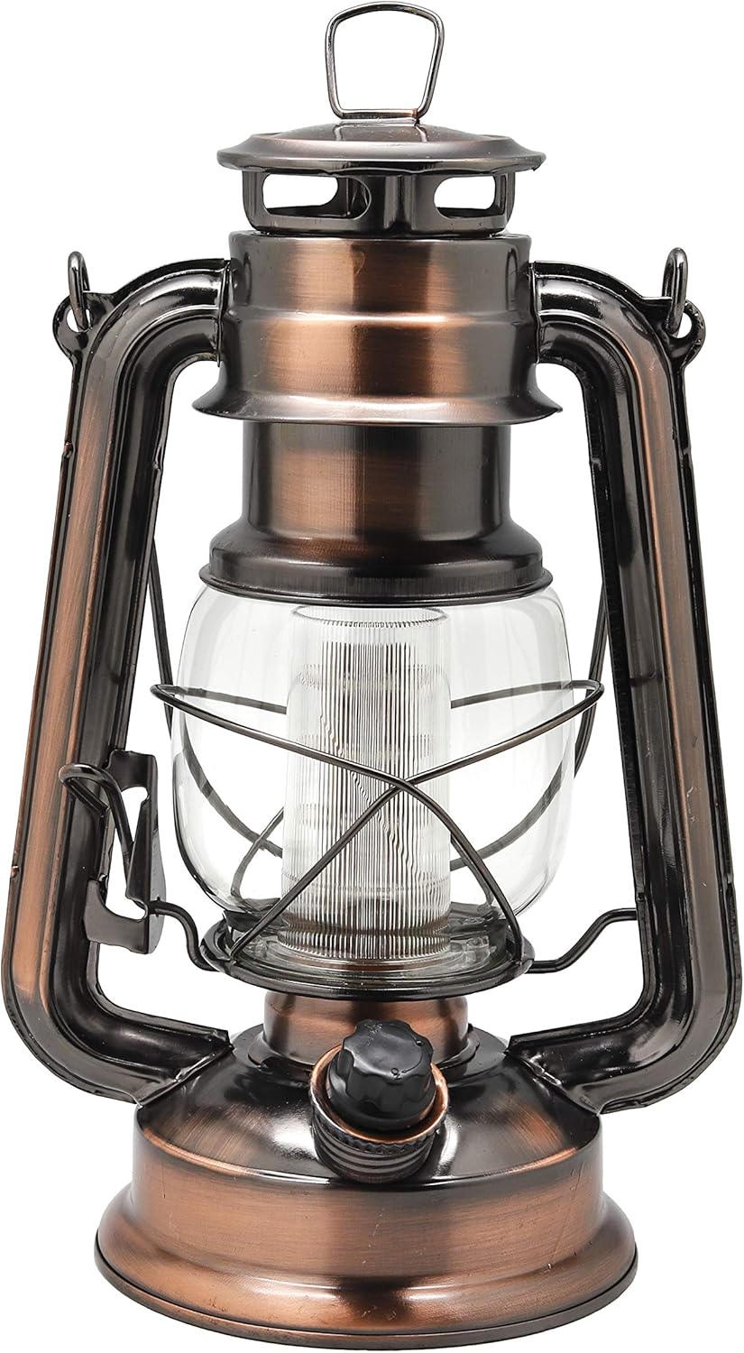 YAKii LED Vintage Lantern Metal Hanging Hurricane 12 LED Dimmer Switch Cold White Battery Operated Power Outage Indoor Camping Lighting Outdoor Brooklyn Decoration(Copper)