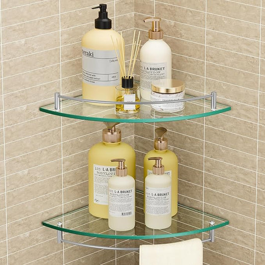 KES Glass Corner Shelf for Bathroom Corner Shelf 2 Pack Tempered Glass Shelf with Rail SUS 304 Stainless Steel Wall Mounted Brushed Finish, BGS2101A-2-P2