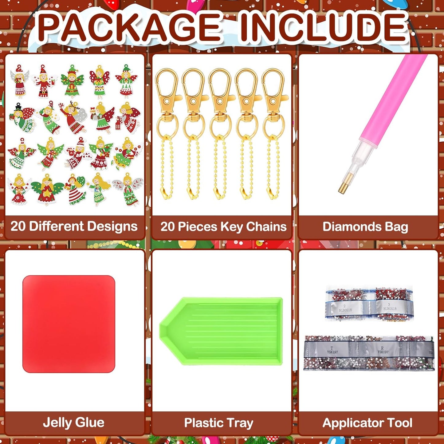 Tondiamo 20 Pcs Christmas Diamond Painting Keychain Kits 5D DIY Diamond Art Pendants Double Sided Hanging Key Chains for Christmas Party Decoration DIY(Angels Style)