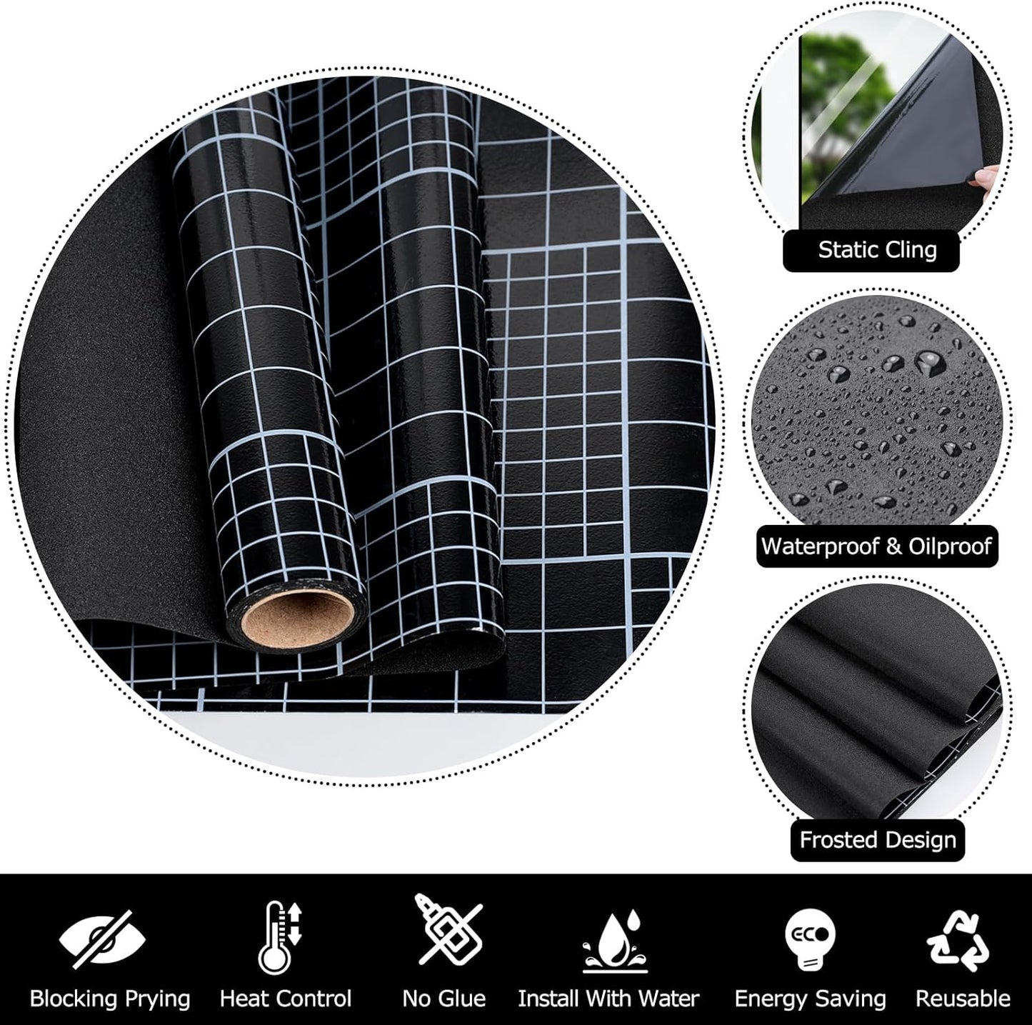 HIDBEA Blackout Window Film,100% Light Blocking Room Darkening Window Privacy Film,Frosted Glass Window Film Heat Control, Removable Window Cover Tint for Day Sleep (Black,17.3in x 13.1ft)