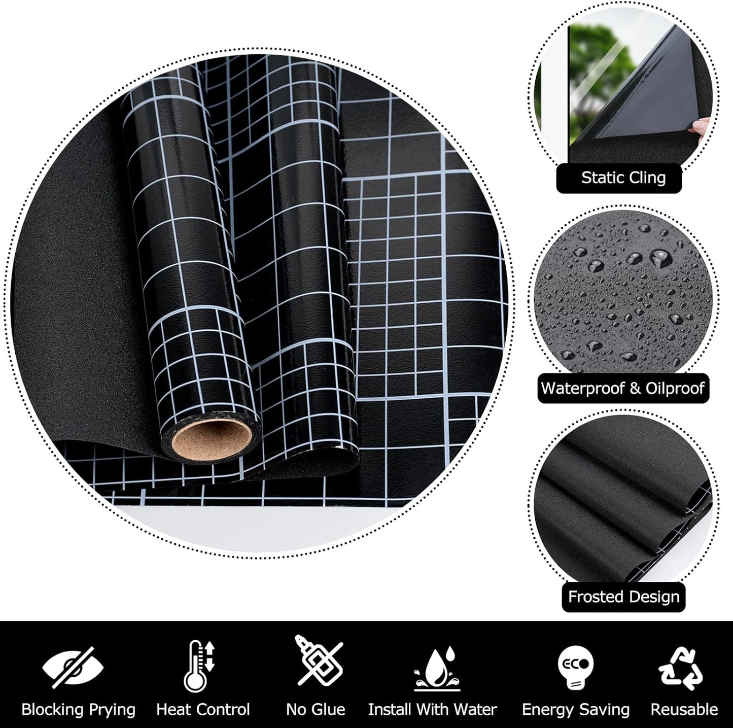 HIDBEA Blackout Window Film,100% Light Blocking Room Darkening Window Privacy Film,Frosted Glass Window Film Heat Control, Removable Window Cover Tint for Day Sleep (Black,35.4in x 6.5ft)